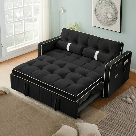 Muumblus 55.5" Pull Out Sofa Bed 2 Seater Loveseats Sleeper Convertible Futon Sofa Bed with Adjsutable Backrest, Modern Velvet Sofa Couch for Living Room, Black