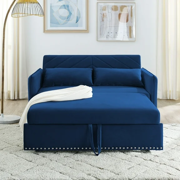 Muumblus 55" Pull Out Sofa Bed, Convertible Sleeper Loveseat with USB Ports, Modern Velvet Small Love Seat Futon Sofa for Living Room, Adjsutable Backrest, Blue