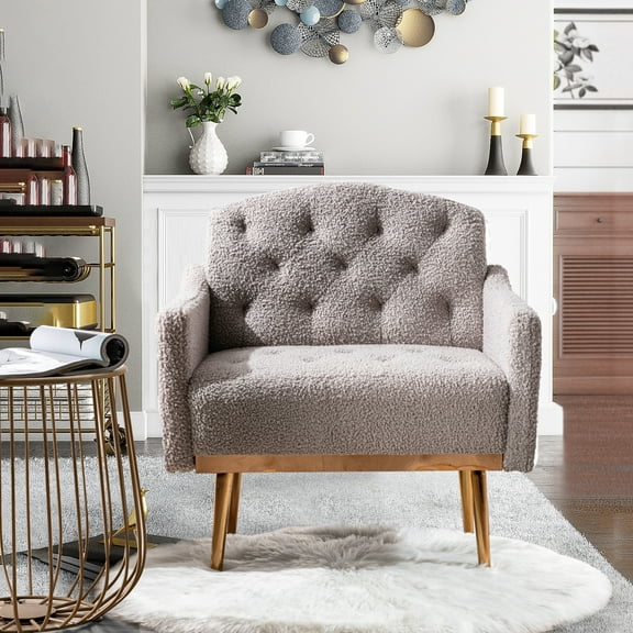 Muumblus Modern Accent Chair, Teddy Upholstered Single Sofa Chair Sherpa Arm Chair for Living Room and Bedroom, Comfy Armchair with Metal Legs, Gray