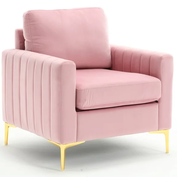 Muumblus Modern Accent Chair, Upholstered Single Sofa Chair Club Arm Chair for Living Room, Comfy Armchair with Metal Legs, Tufted Chair for Reading, Pink Velvet