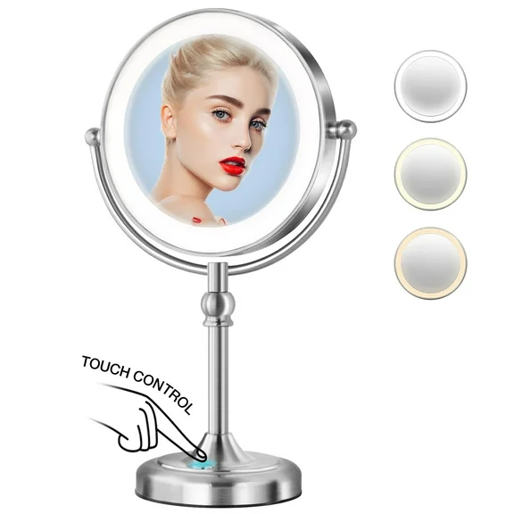 NATYSWAN  Lighted Makeup Mirror, 1X 7X Magnifying Mirror with Lights 3 Color LED Touch Dimmable HD Double Side Mirror 360  Degree Tabletop Swivel Vanity Mirror Light Adjustable Battery Included
