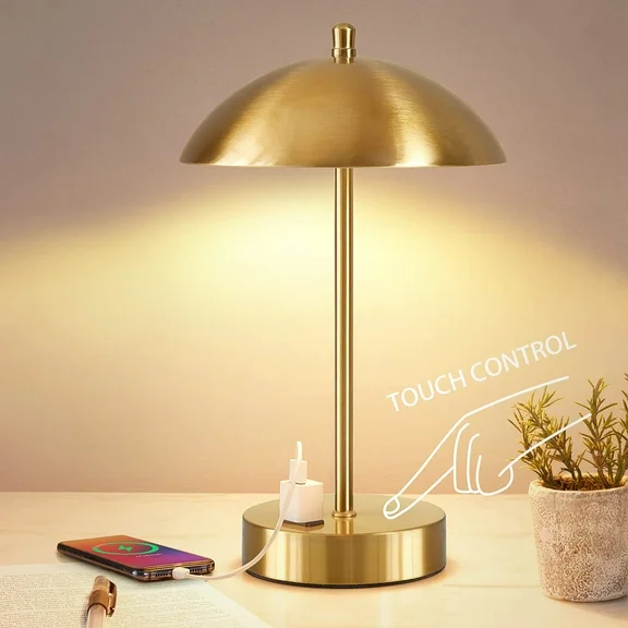 NATYSWAN Modern LED Desk Lamp with AC Adapter, 3-Way Dimmable Touch Bedside Reading Lamp, Minimalist Gold Small Nightstand Table Lamp with Mushroom Dome Bulb Included