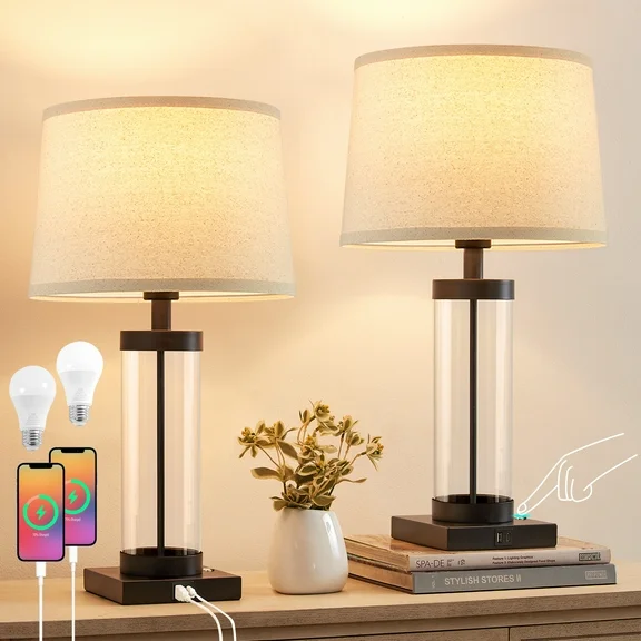 NATYSWAN Modern Table Lamps for Bedrooms Set of 2, 24'' Glass Bedside Lamp with USB C+A Charging Port and AC Outlet, 3-Way Dimmable Touch Bedroom Lamp with Beige Fabric Lampshade, Bulbs Included