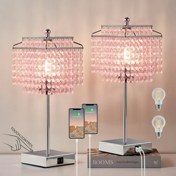 NATYSWAN Set of 2 Bedside Pink Crystal Table Lamp, Touch Control Crystal Lamp, 3-Way Dimmable Lamp with Crystal Shade for Bedroom, Girl Living Room, 6W B11 Bulb Included