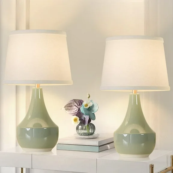 NATYSWAN Table Lamp Set of 2, 18.6“ Tall Ceramic Table Lamp Classic Beside Lamps Nightstand Lamp Modern Table Lamp for Living Room, Bedroom & Office Rocker Swtich Sage Green-LED Bulbs Included