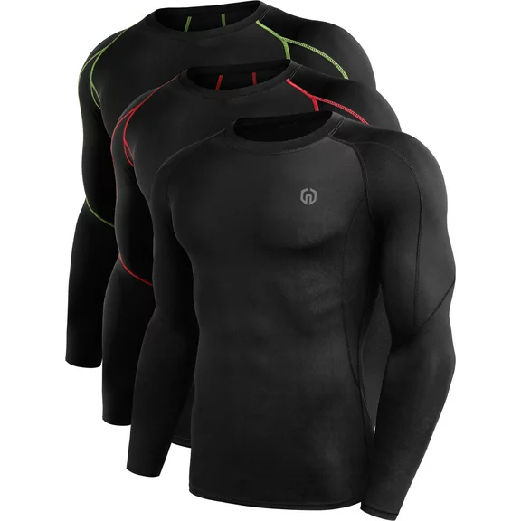 NELEUS Men Dry Fit Long Sleeve Compression Shirts Workout Running Shirts 3 Pack,Black+Black Red+Black Green,US Size S