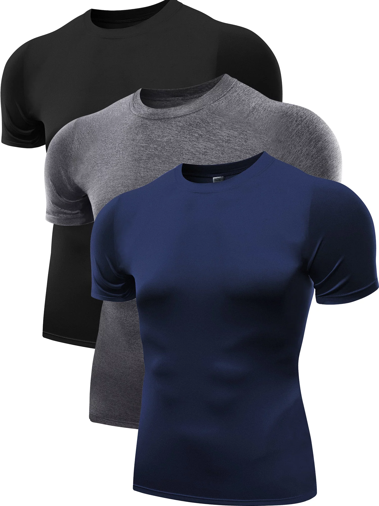 NELEUS Men's Athletic Compression Shirt Base Layer Tight Tops Short Sleeves 3 Pack,Black+Gray+Navy Blue,US Size 2XL