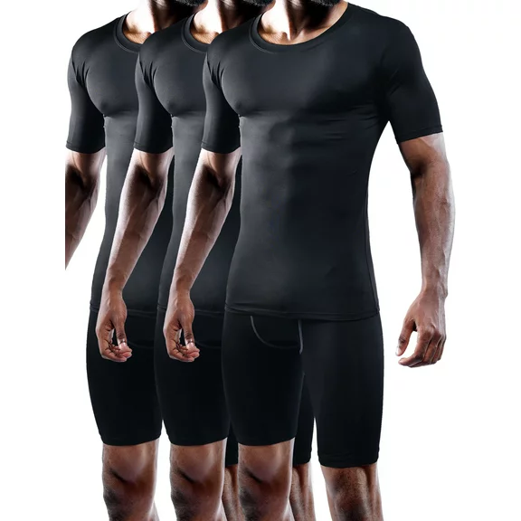 NELEUS Men's Athletic Compression Shirt Base Layer Tight Tops Short Sleeves 3 Pack,Black,US Size L