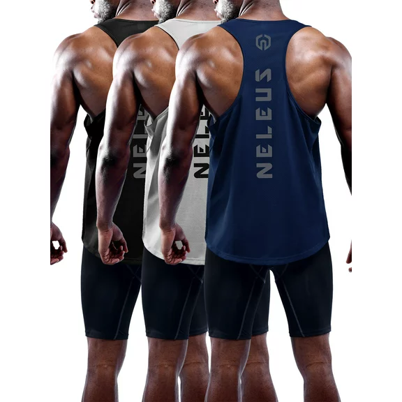 NELEUS Mens Dry Fit Y-Back Muscle Tank Top 3 Pack,Black+Gray+Navy Blue,US Size S