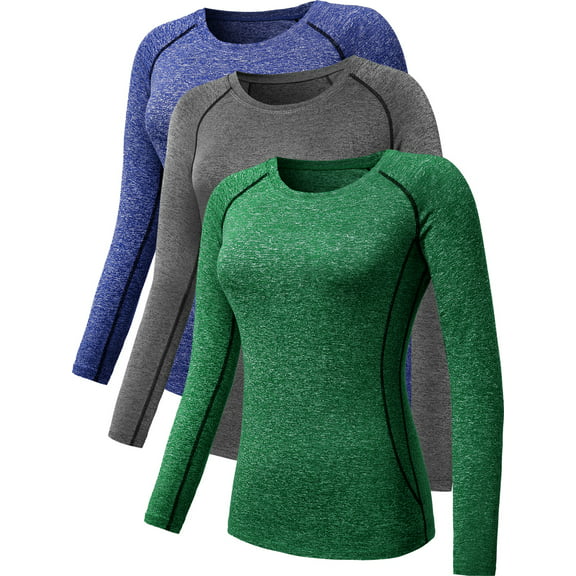 NELEUS Womens Athletic Compression Long Sleeve Yoga T Shirt Dry Fit 3 Pack,Gray+Blue+Green,US Size S
