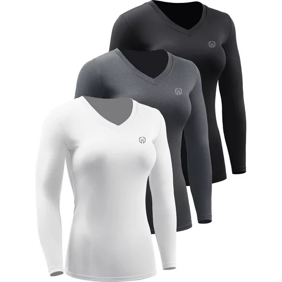 NELEUS Womens Compression Shirts Long Sleeve Workout Yoga T Shirt V Neck 3 Pack,Black+Gray+White,US Size L