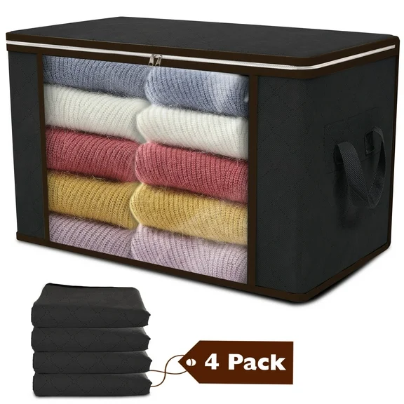 Nefoso Clothes Storage Bags, 4Pcs Closet Storage Organizers, 90L Large Capacity Blanket Storage Bags for Clothes with Reinforced Handle and Clear Window, Black