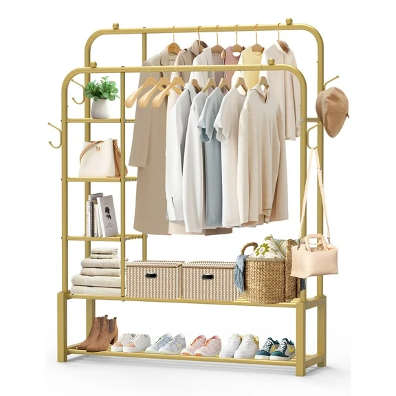 Nefoso Clothing Garment Rack,Double Rails Closet Clothes Rack with Double Bottom Shelves and 4 Hooks,Standard Clothes Organizer Rack for Hanging Clothes(Gold)