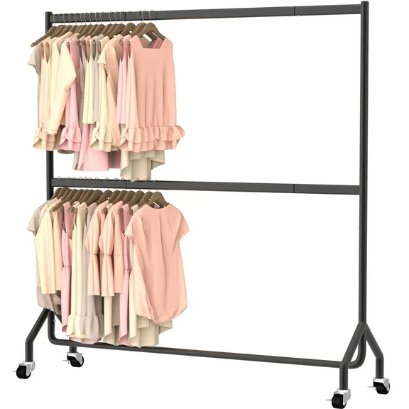 Nefoso Double Rails Clothing Garment Rack,6 ft Heavy Duty Clothes Rack with 4 Universal Wheels Standard Rolling Clothes Organizer,60"L x 18.4"W x 86.6"H