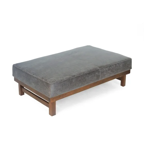 Noble House Clare Microfiber and Wood Cocktail Ottoman, Slate and Walnut