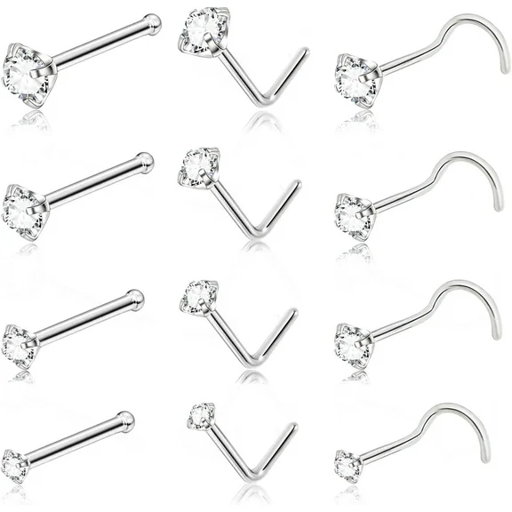Nose Stud Rings L Shaped CZ Bone Zircon nose stud set 316L Stainless Steel Nose Rings 1.5-3MM