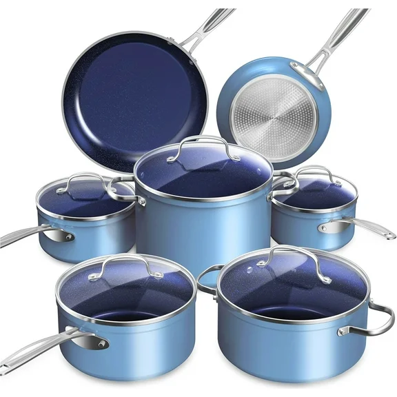NuWave 12pc Nonstick Cookware Set, Healthy Duralon Blue Ceramic Pots and Pans Set Nonstick, Lightweight Cookware Set Works on All Cooktops, Blue