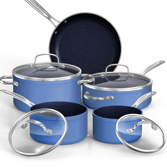 NuWave 9PC Nonstick Cookware Set Healthy Duralon Blue Ceramic, Forged Pots and Pans Set with Tempered Glass Lids- Cozy Blue