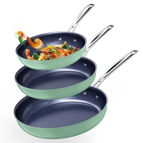 Nuwave 3pc Nonstick Frying Pan Skillet Set, G10 Healthy Duralon Blue 8”, 10”, 12” Forged Lightweight & Works on All Cooktops, Rosemary Green