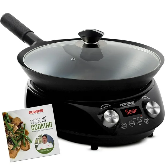 Nuwave Mosaic Induction Wok, Precise Temp Controls 100°F-575°F in 5°F, Wok Hei, 3 Wattage 600, 900 & 1500, Authentic 14-inch Carbon Steel Wok & Cookbook Included