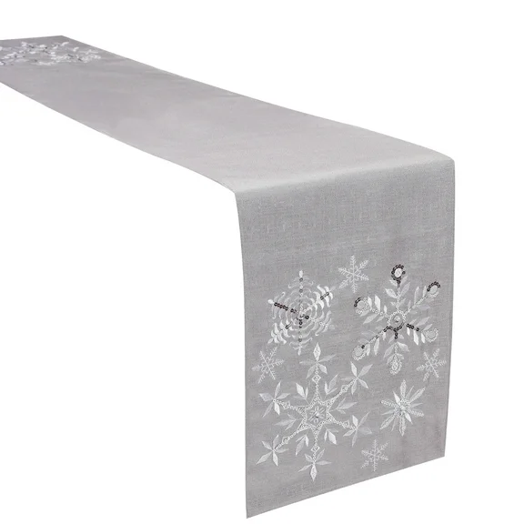 OVZME Christmas Table Runner 120 Inch Extra Long, Silver Grey Snowflake Xmas Holiday Tabletop Decor, Embroidery Table Centerpieces with Sequins and Diamonds Winter Home Decorations