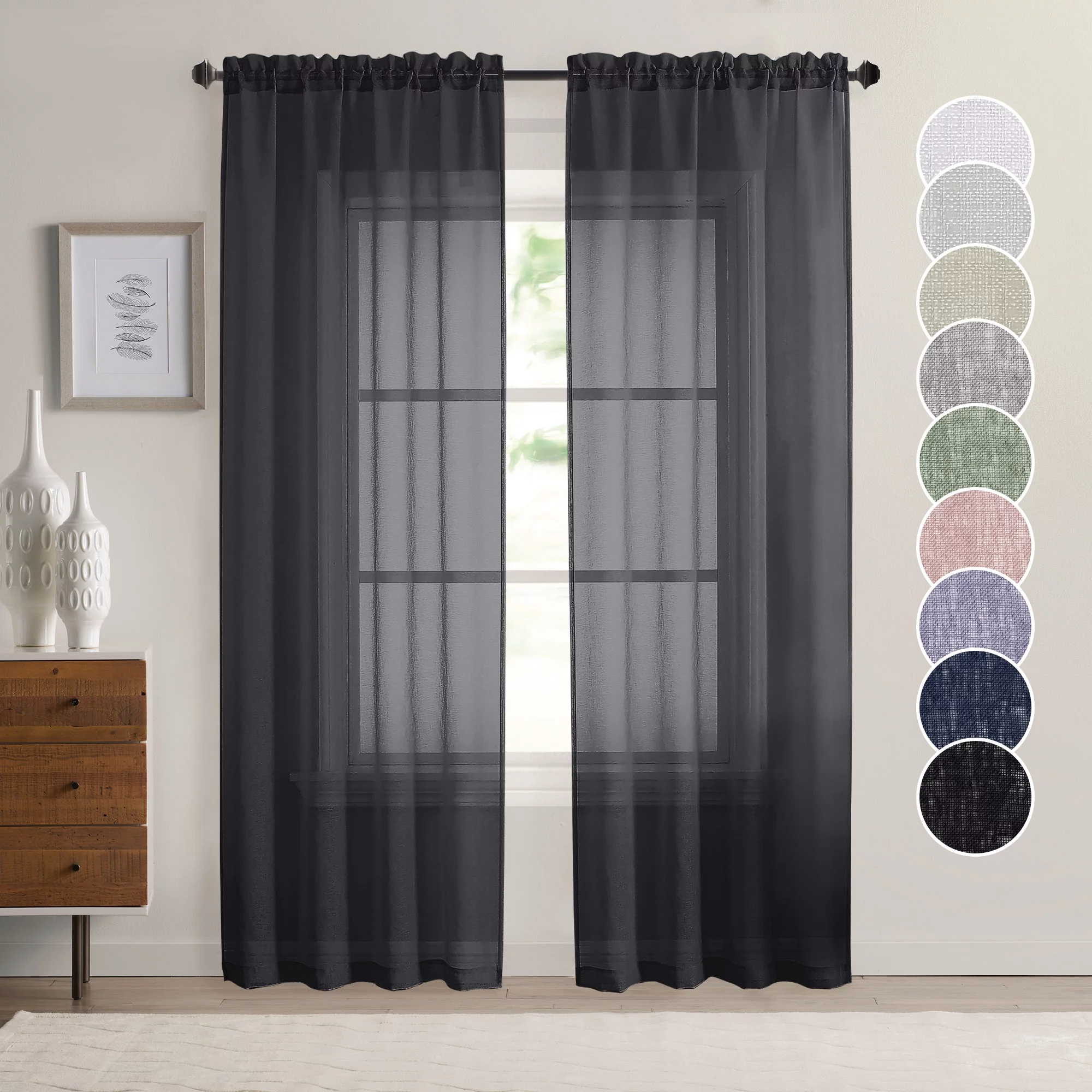 OVZME Dolly Living Room Black Sheer Curtains 84 Inches Long 2 Panels Set, Solid Faux Linen Black Window Treatment for Bed Room,  Faux Linen Dual Rod Pocket Window Covering, 40 inch Wide x 84 inch Long