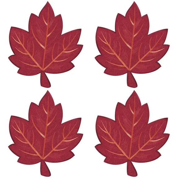 OVZME Embroidered Placemats Maple Leaf Cutwork with Applique 15x15 Inches 4 PACK, Autumn Leaves Table Decorations Washable for Home Kitchen Table for Thanksgiving and Fall Festival Decor, Red