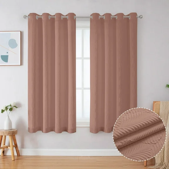 OVZME Ivy Clay Semi Curtains for Girl's Bedroom, Textured 3D Embossed Curtains 63 Inch Length 2 Panels Fall Kitchen Curtains Soft Semi Privacy Window Drapes, Casual Grommet Light Filtering Curtains