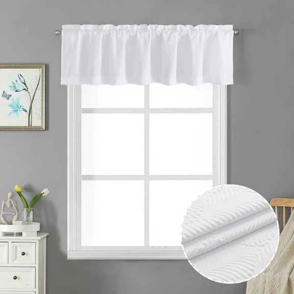 OVZME Ivy White 3D Embossed Valances for Windows, Small Window Kitchen Decor for Living Room Bathroom Cafe Laundry Basement Modern Boho Top Dual Rod Pocket Boho Curtains, 60W x 14L inches,Single Panel