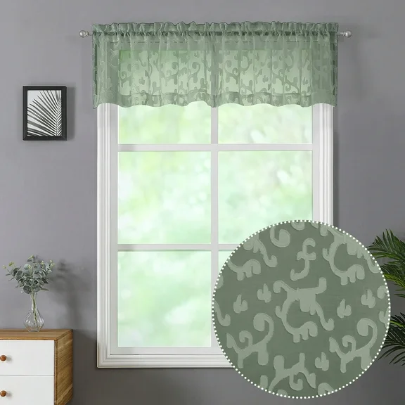 OVZME Sage Green Clipped Jacquard Sheer Kitchen Curtains and Valances Sets, Textured Soft Breathable Light Filtering Short Small Window Curtain for Kitchen/Basement Window Treatments, 42X14 Inch
