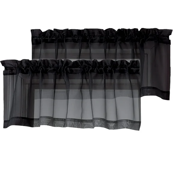 OVZME Sheer Valance Curtains Set of 2 Pack, Small Window Kitchen Curtains for Living Room Cafe Basement Modern Top Dual Rod Pocket Voile Curtain 40W x 14L Inches, Total 80" Width Black