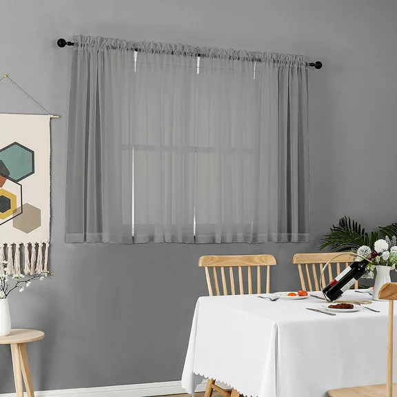 OVZME Voile Sheer Window Curtain 45 Inch Long Set of 4, Top Dual Rod Pockets Light Filtering Drapes for Kitchen Small Window/Bathroom/Living Room/Bedroom, 40W x 45L in, Charcoal Grey