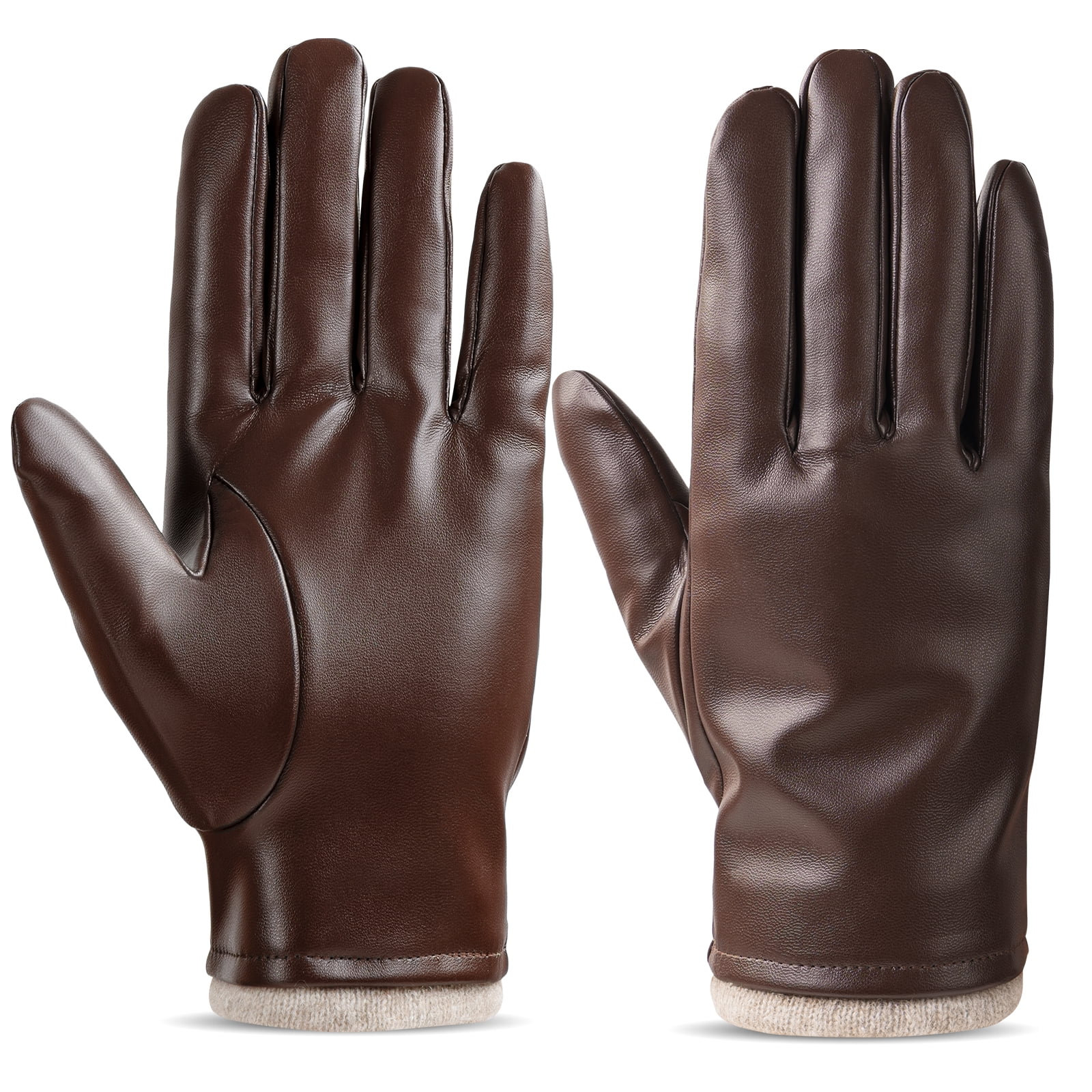 OZERO Mens Winter Gloves PU Leather Thermal Warm Snow Touchscreen Glove Brown