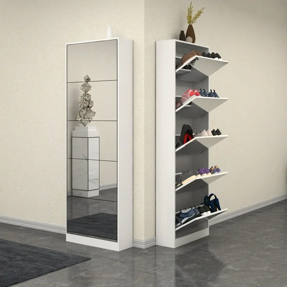 Organizedlife Modern Shoe Storage Cabinet with Mirror, Shoe Storage Orgenizer Versatile Shoe Cabinet with 5 Filp Drawers,White