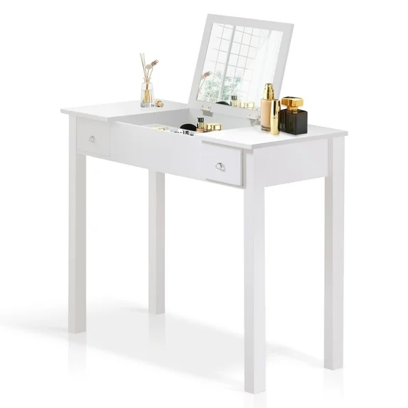 Organizedlife Vanity Desk with Flip-Top Mirror,Office Desk,Makeup Vanity Table with 2 Drawers for Bedroom,White