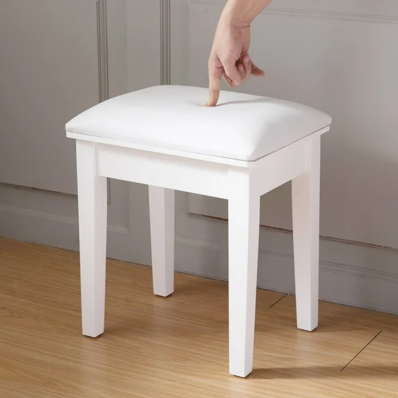 Organizedlife Vanity Stool with Upholstered Seat,Vanity Chair,Desk Stool , Piano Stool with Solid legs for Bebroom and Makeup Room,White 16.93 x 13 x 17.72 Inches