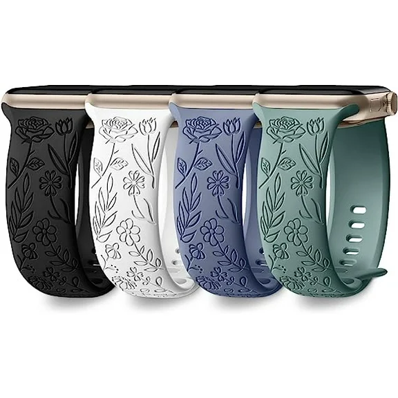 Ouwegaga For Apple Watch Bands 40mm 41mm 38mm 42mm 45mm 44mm 49mm for Women, 4 Pack Floral Engraved Bands For iWatch Ultra Series 9 8 7 6 5 4 3 SE