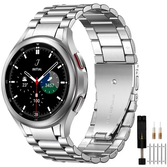 Ouwegaga No Gap Band for Samsung Galaxy Watch 6/Watch 5/Watch 4 Bands 40mm 44mm/Watch 6 Classic 47mm 43mm/Watch 5 Pro Bands 45mm for Women Men, 20mm Stainless Steel Metal Business Strap, Silver