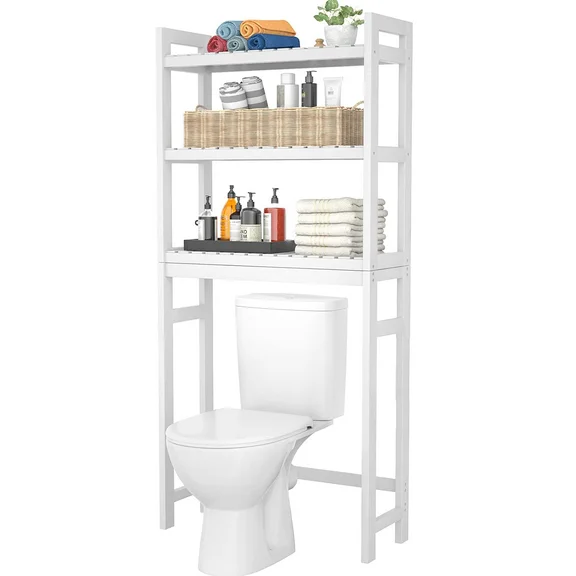 Over The Toilet Storage, 3-Tier Bathroom Organizer Over Toilet with Sturdy Bamboo Shelves,Multifunctional Toilet Shelf,Easy to Assemble and Saver Space, 25 * 10 * 64 Inches, White