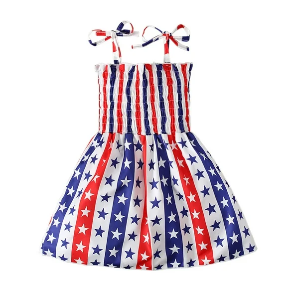 Owordtank Kids Toddler Girls Independence Day Dress Spaghetti Strap American Flag Flowy Dress 1-6 Years