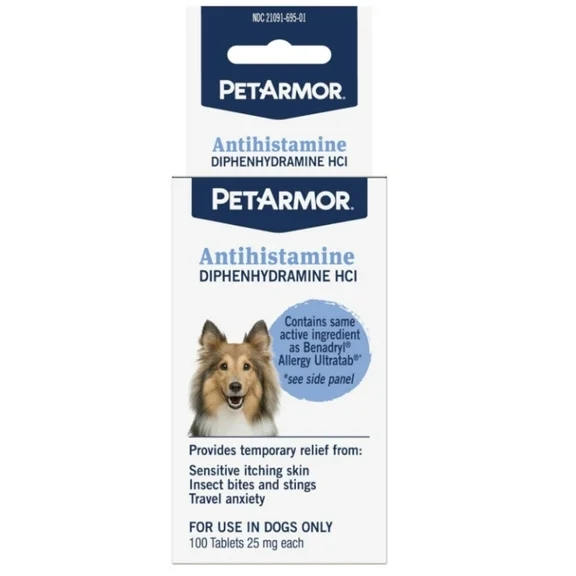 PETARMOR Antihistamine Allergy Relief Medicine for Dogs, 100 Tablets, 25 mg Each