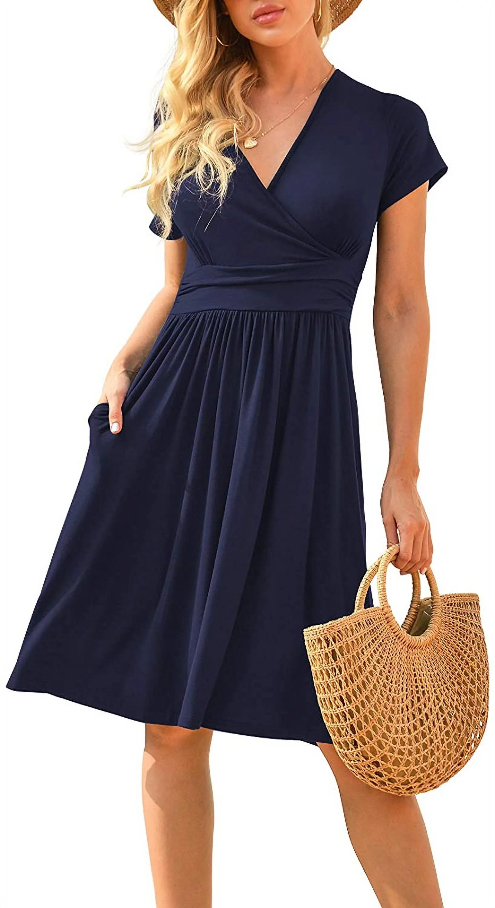 PPYOUNG Women's Summer Casual Short Sleeve V-Neck Short Party Dress with Pockets Navy Blue S