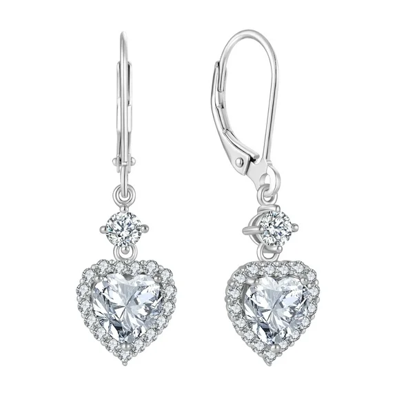 PYNZY 925 Sterling Silver Earrings with 7x7MM Heart Cubic Zirconia Birthstones, Dangle Drop Earrings with Leverback for Women Jewelry Gifts