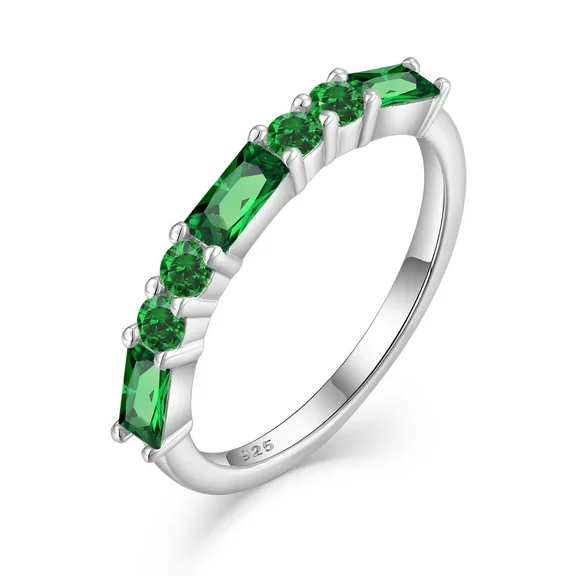 PYNZY 925 Sterling Silver Stackable Rings for Women, Square Round Emerald Birthstone Eternity Wedding Rings for Women Jewelry Mother Day Gift Size 7