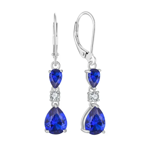 PYNZY 925 Sterling Silver Teardrop Earrings with 7x9MM Created Sapphire Birthstones, Dangle Earrings with Leverback for Women Jewelry Gifts