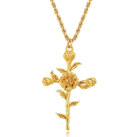 PYNZY Cross Pendant Necklace for Women ,Marigold October Birth Flower Necklace with 18K Gold Plated,Jewelry Gift for Girl