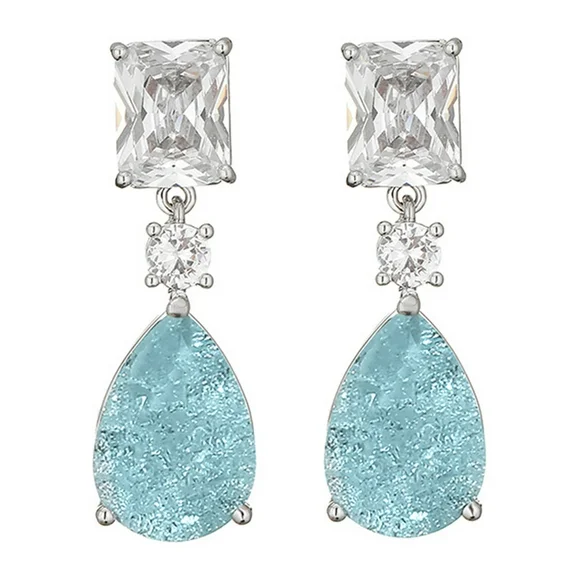PYNZY Dangle Drop Earrings for Women Blue Cubic Zirconia Jewelry with Teardrop Paraiba Plated White Gold as Gift