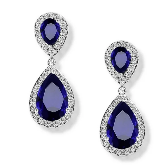 PYNZY Dangle Drop Teardrop Chandelier Earrings for Women Bridal Blue Cubic Zirconia Jewelry Plated White Gold