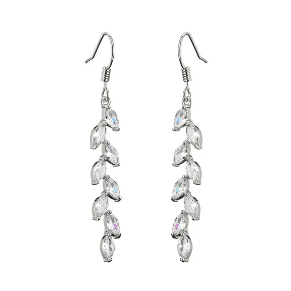 PYNZY Dangling Earrings for Women Bridal Earrings for Wedding Delicate Leaf Plated White Gold Long Earrings