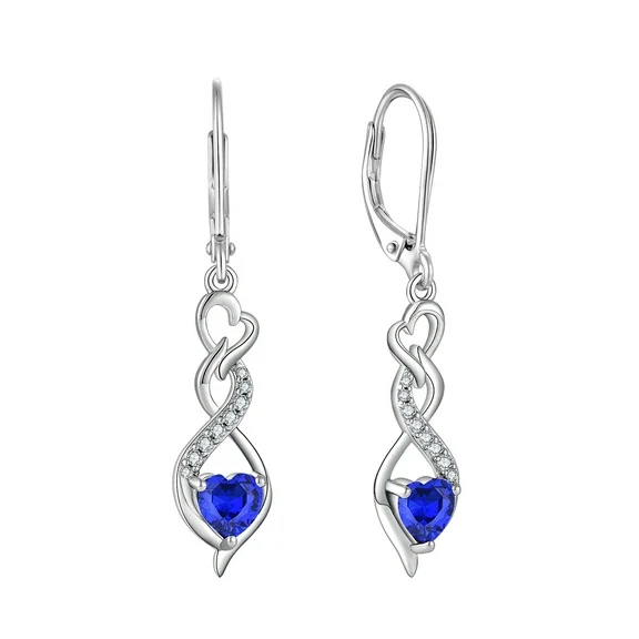 PYNZY Infinity Heart Dangle Earrings for Women, 925 Sterling Silver Created Sapphire Birthstones Leverback Earrings for Mother's Day Prom Jewelry Gifts
